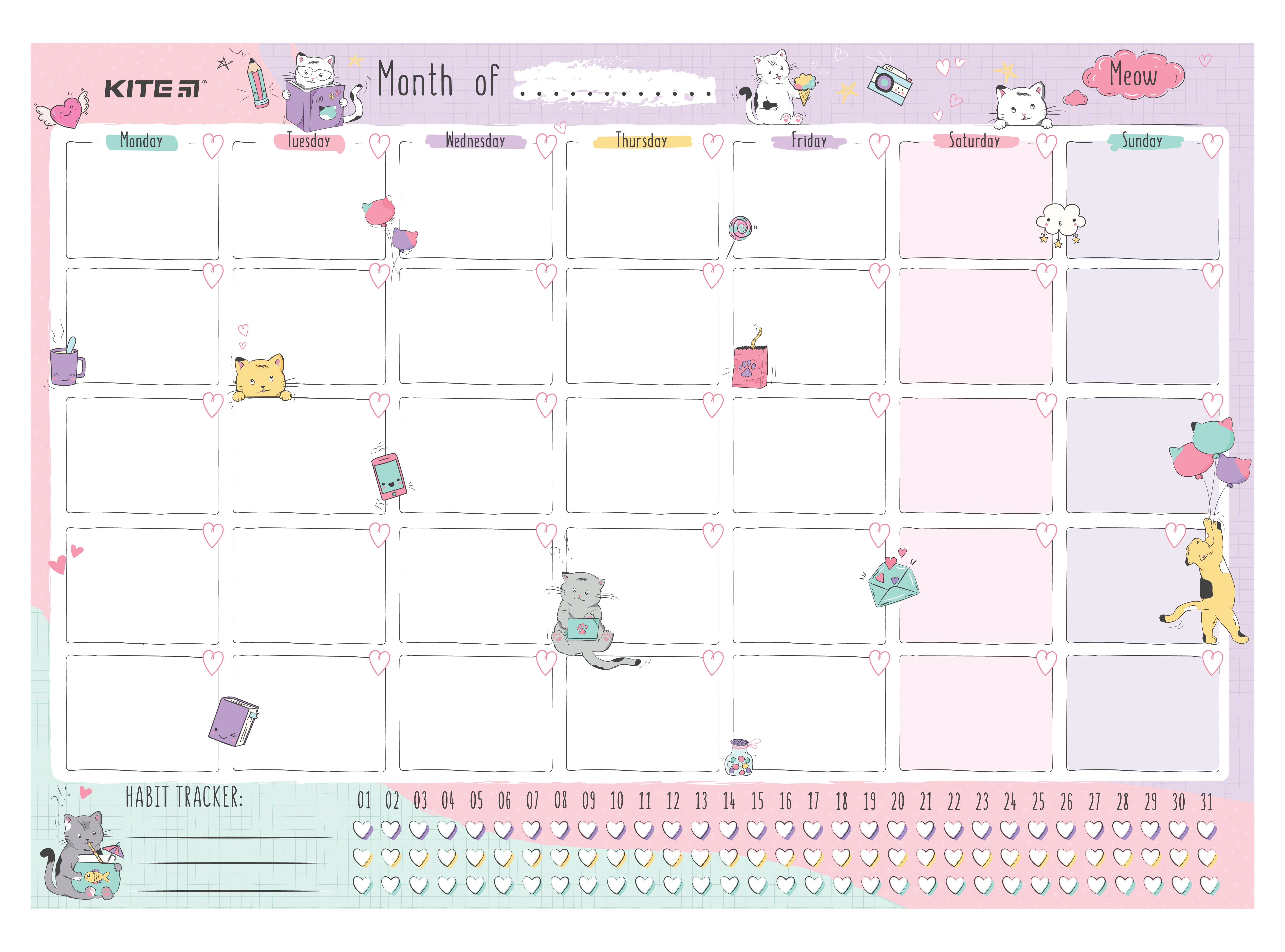 Wall-mounted monthly planner Kite Cats K22-470-2, А3