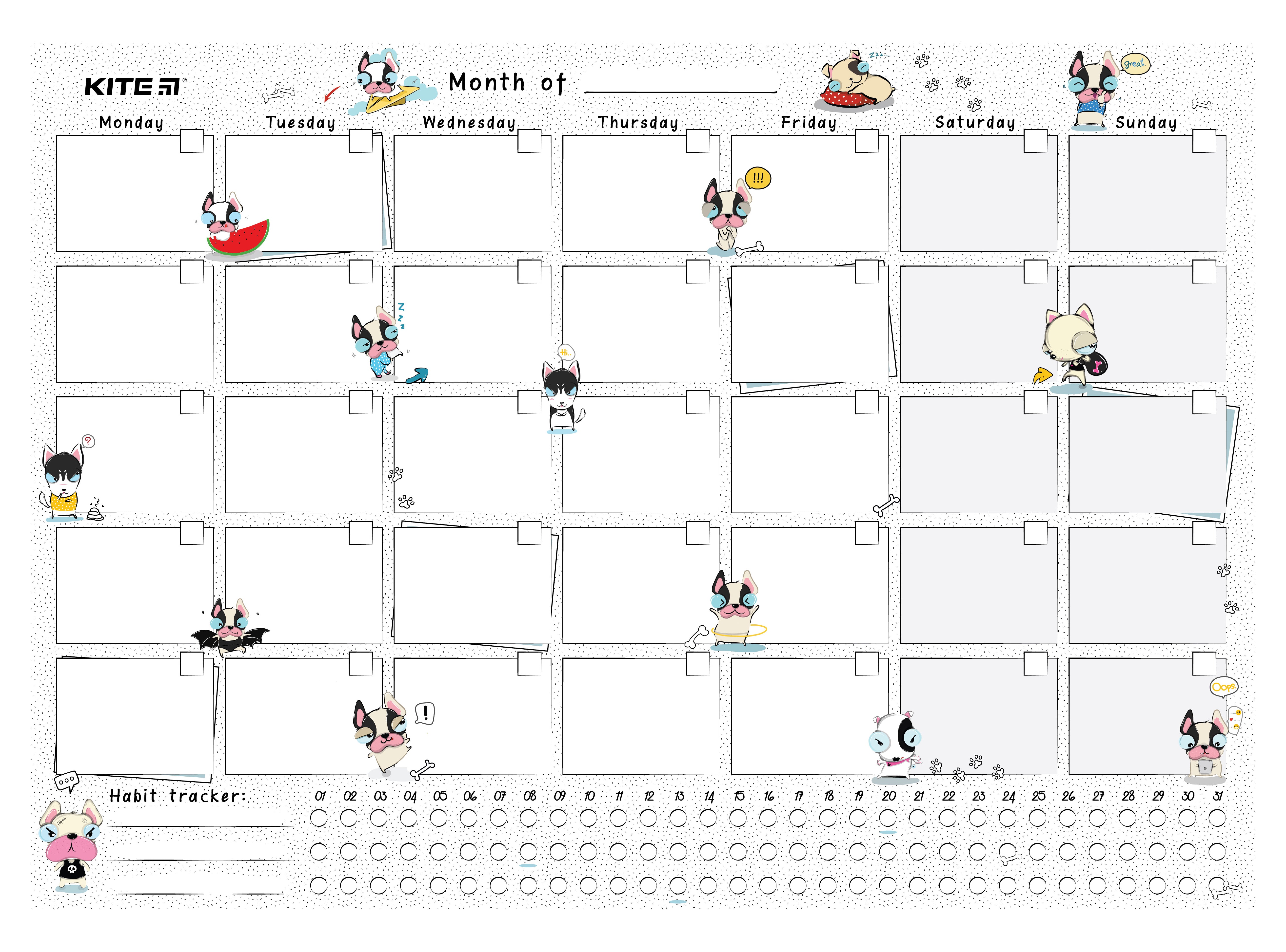 Wall-mounted monthly planner Kite Funny dogs K22-470-3, А3
