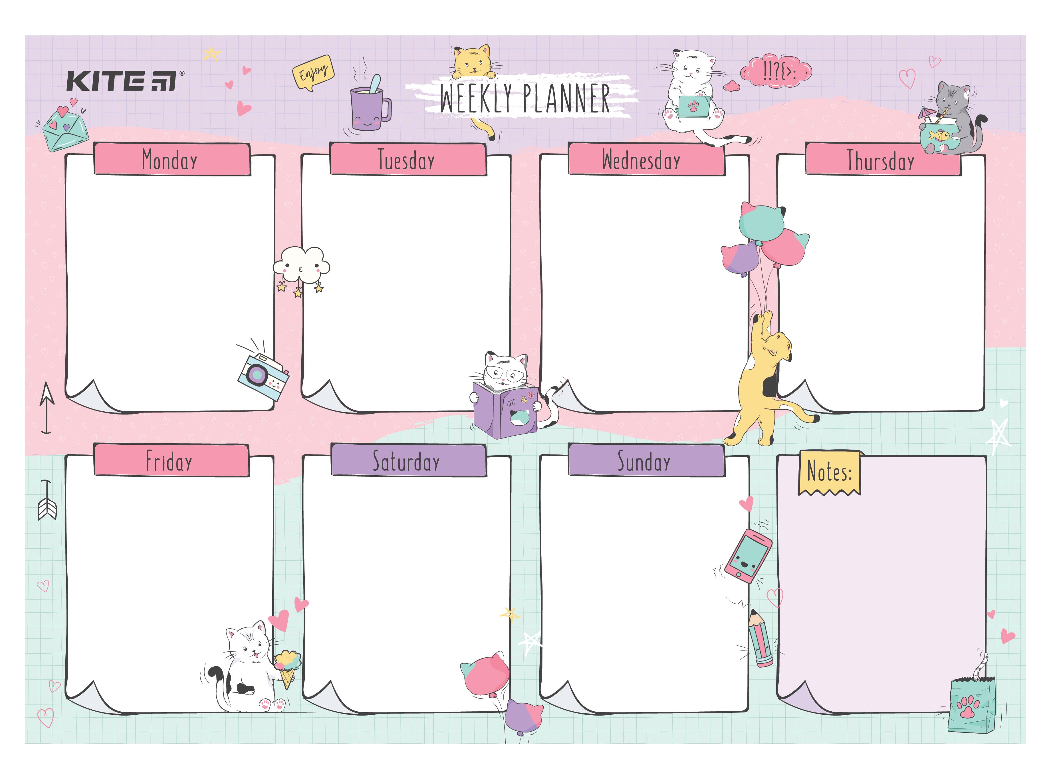 Wall-mounted weekly planner Kite Cats K22-471-2, А4