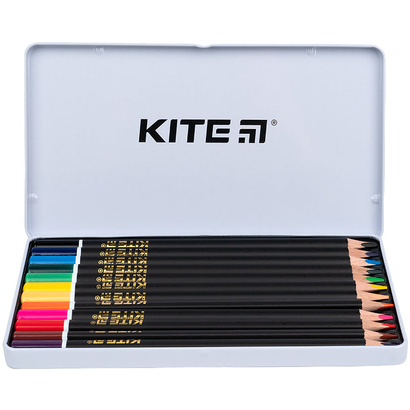 Color pencils triangular Kite Fantasy K22-058-2, 12 colors, metal pencil case