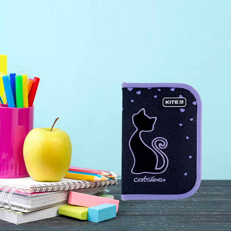Pencil case without stationery Kite Catsline K24-621-3, 1 compartment, 1 fold