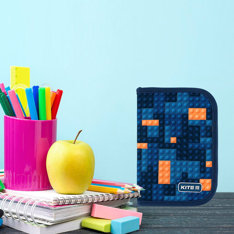 Pencil case without stationery Kite Blocks K24-622-8, 1 compartment, 2 folds