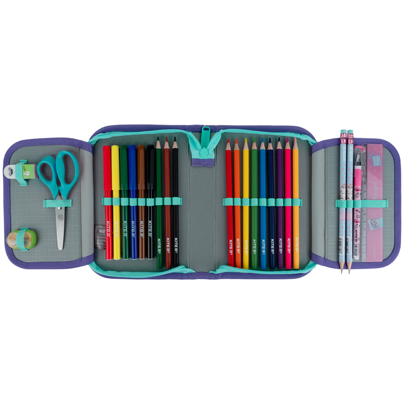 Pencil case with stationery Kite Studio Pets SP25-622H-2, 1 compartment, 2 flaps