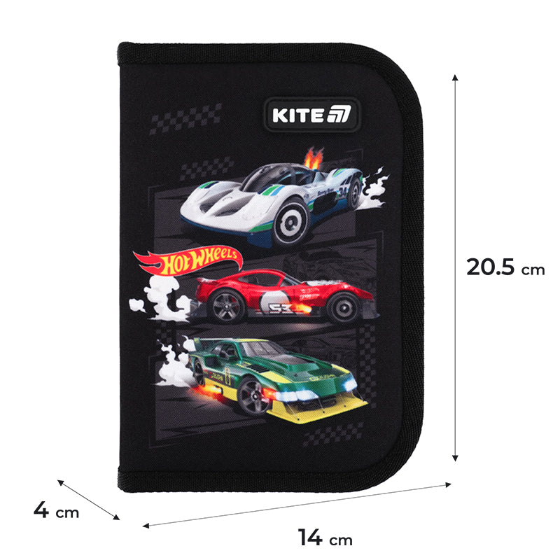 Pencil case with stationery Kite Hot Wheels HW25-622H-1, 1 compartment, 2 flaps
