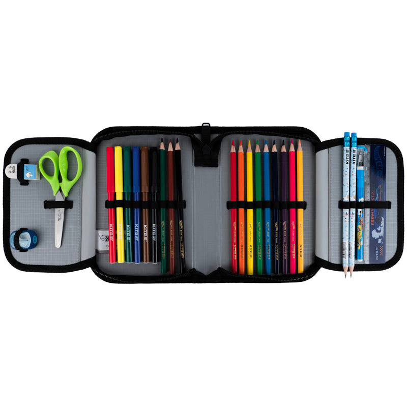 Pencil case with stationery Kite Hot Wheels HW25-622H-1, 1 compartment, 2 flaps