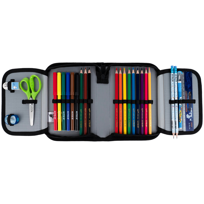 Pencil case with stationery Kite Hot Wheels Skate HW25-622H-2, 1 compartment, 2 flaps