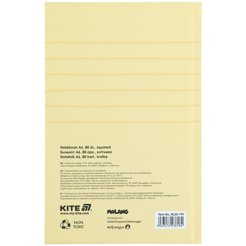 Notebook Kite Molang ML25-199, hard cover, А6, 80 sheets, squared
