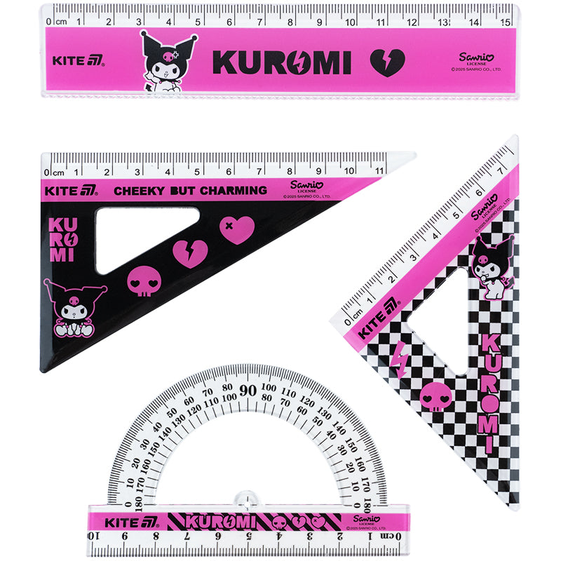 Set: ruler 15 cm, 2 triangle, protractor with printing Kite Kuromi HK25-282