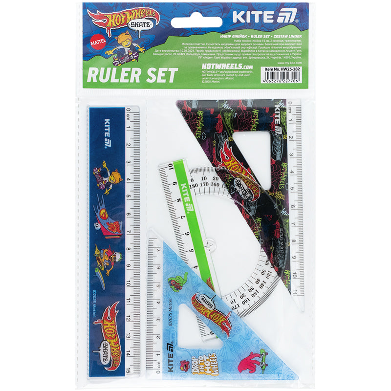 Набір: лінійка 15 см, 2 косинця, транспортир Kite Hot Wheels HW25-282