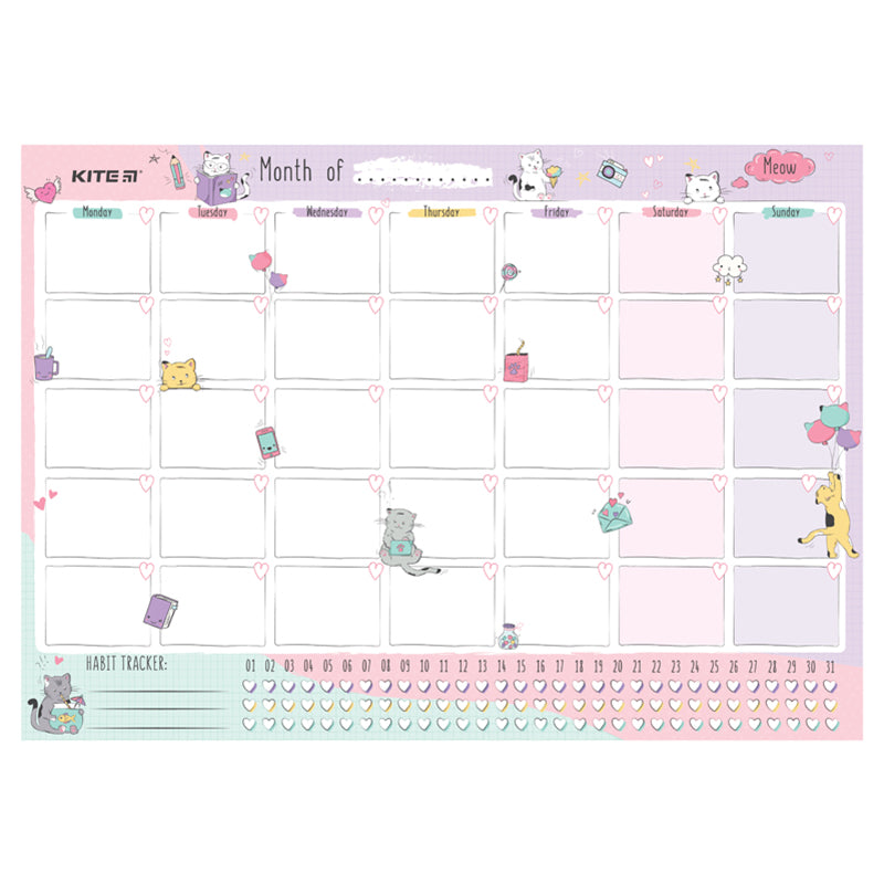 Wall-mounted monthly planner Kite Cats K22-470-2, А3