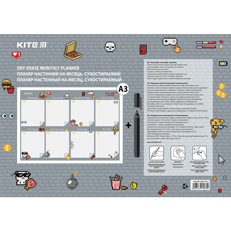 Wall-mounted weekly planner Kite Pixel K22-473-1, А3
