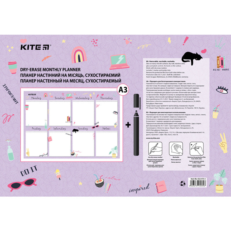 Wall-mounted weekly planner Kite Purple mood K22-473-2, А3