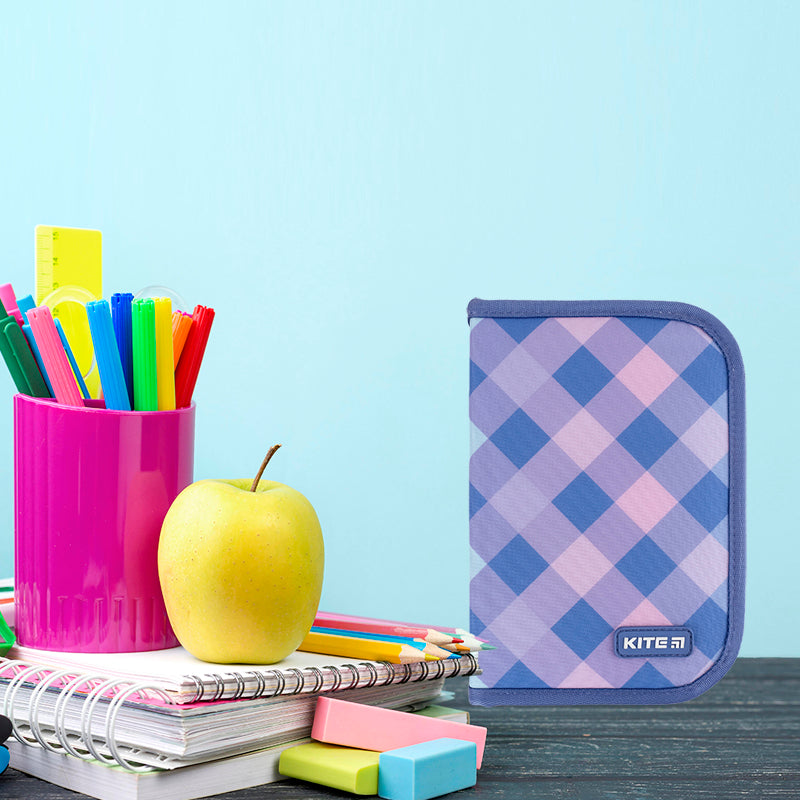 Pencil case without stationery Kite Purple Chequer K24-622-3, 1 compartment, 2 folds