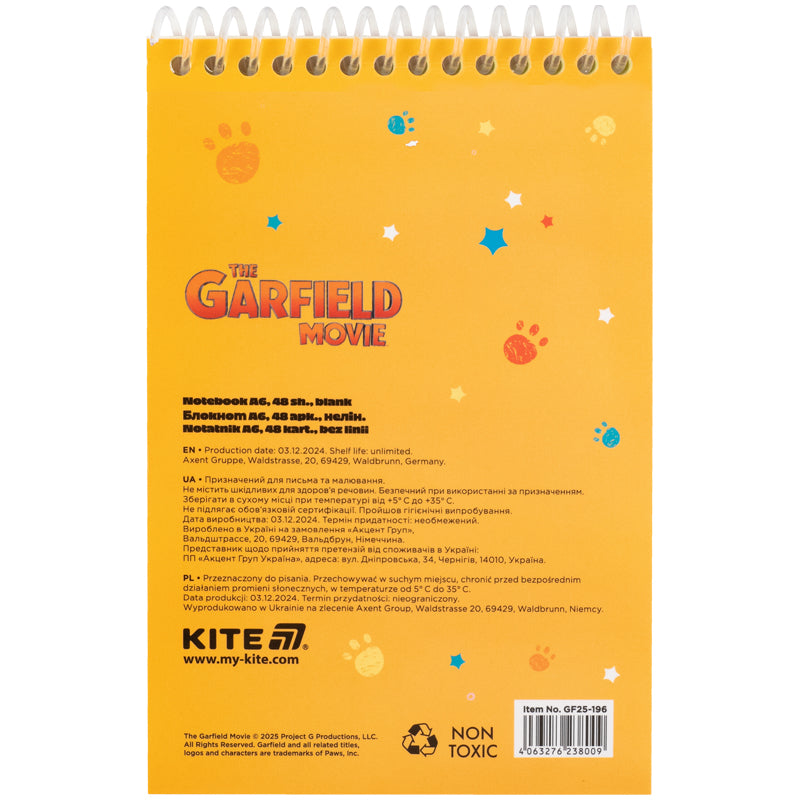 Kołonotatnik na spirali Kite Garfield GF25-196, A6, 48 kartek, bez linii