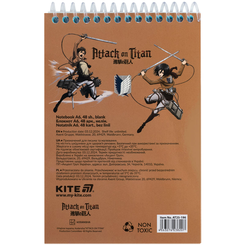 Блокнот на спіралі Kite Attack on Titan AT25-196, А6, 48 аркушів, нелінований