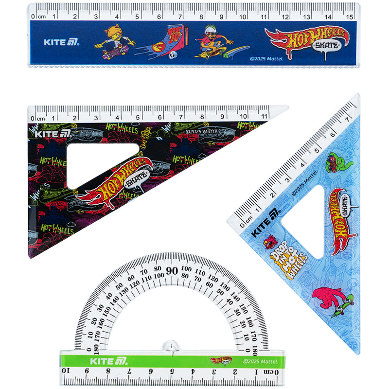 Set: ruler 15 cm, 2 triangle, protractor with printing Kite Hot Wheels HW25-282