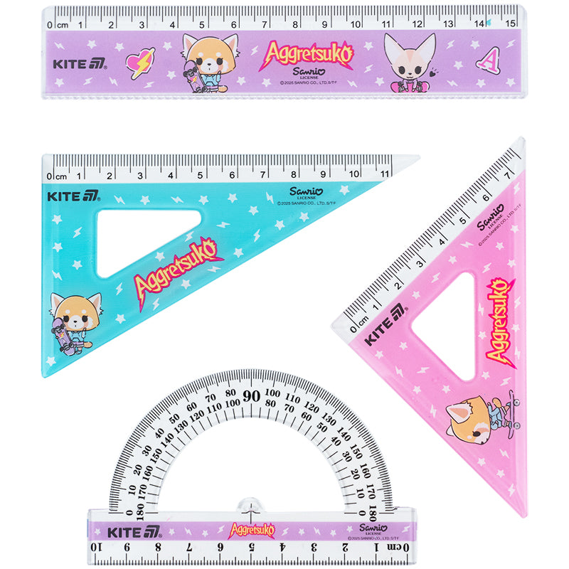 Набір: лінійка 15 см, 2 косинця, транспортир Kite Aggretsuko AR25-282