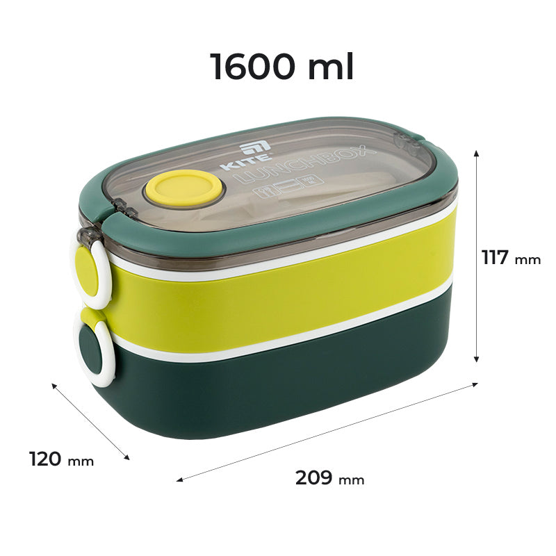 Lunchbox double layer with utensils Kite K25-1181-3, 1600 ml, green