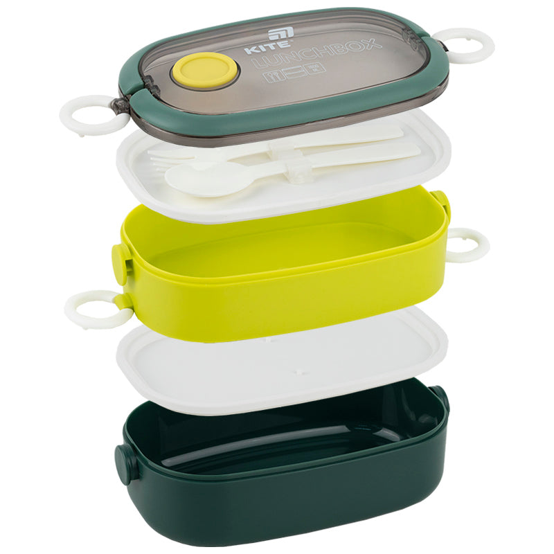 Lunchbox double layer with utensils Kite K25-1181-3, 1600 ml, green