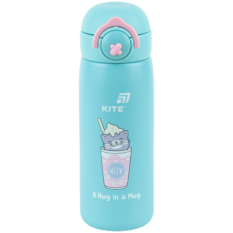 Thermos with button Kite K25-1221-1, Hug in mug, 430 ml, turquoise