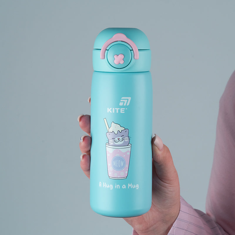 Thermos with button Kite K25-1221-1, Hug in mug, 430 ml, turquoise