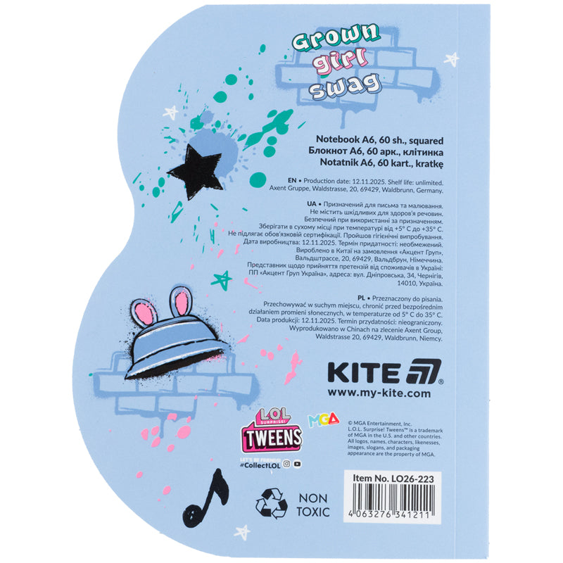 Notebook Kite LOL LO26-223, А6, 60 sheets, grid