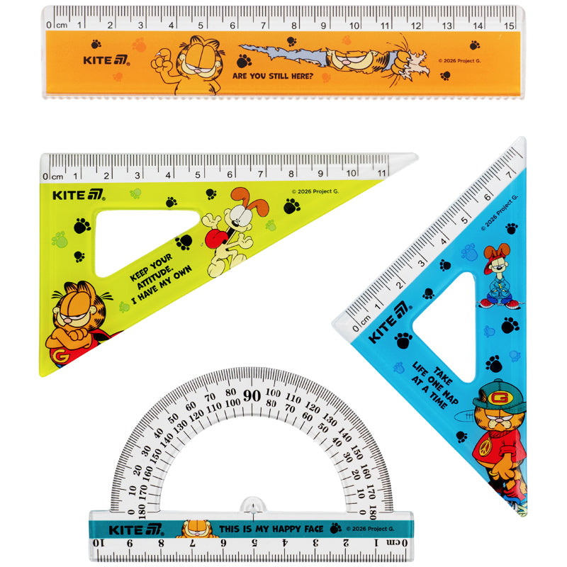 Set: ruler 15 cm, 2 triangle, protractor with printing Kite Garfield GF26-282