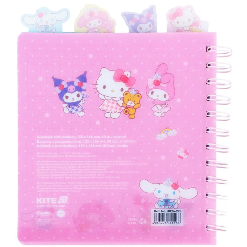 Spiral notebook with dividers Hello Kitty HK26-278, 80 sheets, grid, plastic cover