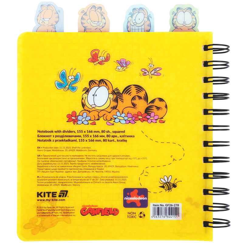 Spiral notebook with dividers Garfield GF26-278, 80 sheets, grid, plastic cover